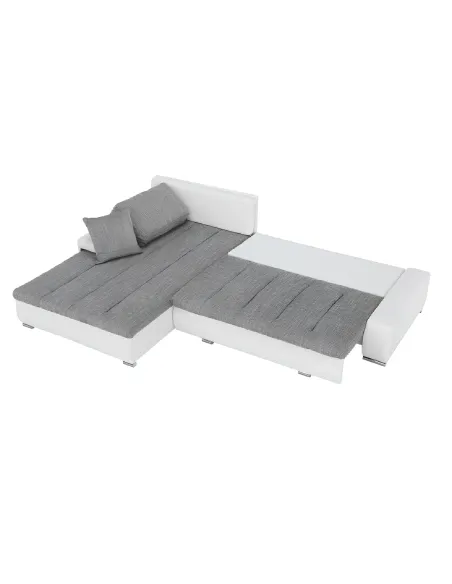 Colțar TONIKS, extensibil cu depozitare, living, 300x215x72 cm, piele ecologică albă/material gri | MobilaOK