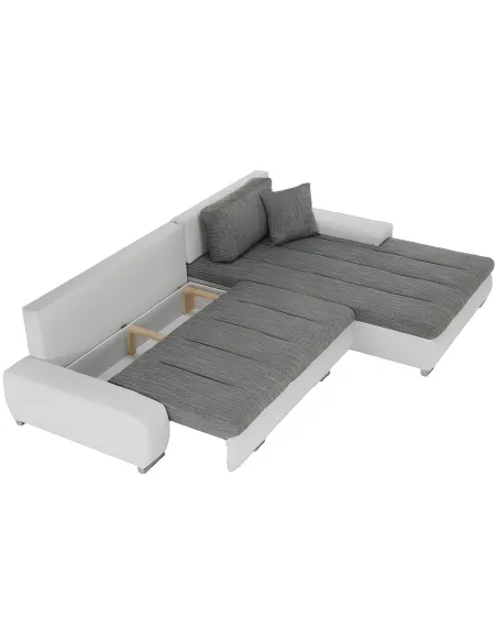 Colțar TONIKS, extensibil cu depozitare, living, 300x215x72 cm, piele ecologică albă/material gri | MobilaOK
