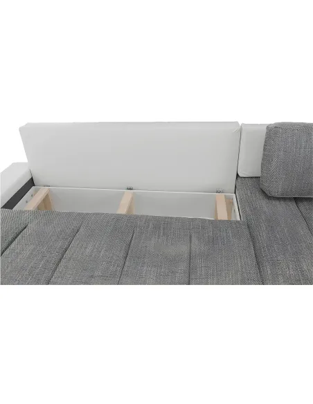Colțar TONIKS, extensibil cu depozitare, living, 300x215x72 cm, piele ecologică albă/material gri | MobilaOK