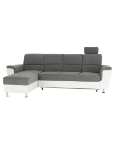 Colțar extensibil SANTIAGO, living, 260x86/106x168 cm, Piele ecologică alb/Textil gri, picioare metalice | MobilaOK