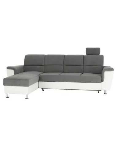 Colțar extensibil SANTIAGO, living, 260x86/106x168 cm, Piele ecologică alb/Textil gri, picioare metalice | MobilaOK