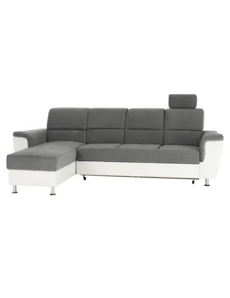 Colțar extensibil SANTIAGO, living, 260x86/106x168 cm, Piele ecologică alb/Textil gri, picioare metalice | MobilaOK