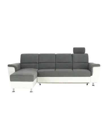 Colțar extensibil SANTIAGO, living, 260x86/106x168 cm, Piele ecologică alb/Textil gri, picioare metalice | MobilaOK