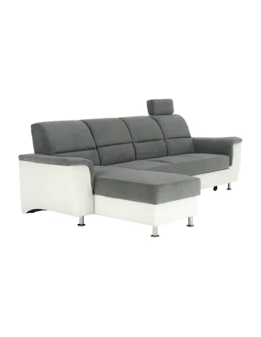 Colțar extensibil SANTIAGO, living, 260x86/106x168 cm, Piele ecologică alb/Textil gri, picioare metalice | MobilaOK