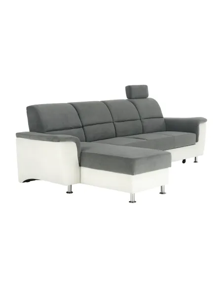 Colțar extensibil SANTIAGO, living, 260x86/106x168 cm, Piele ecologică alb/Textil gri, picioare metalice | MobilaOK