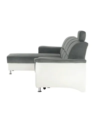 Colțar extensibil SANTIAGO, living, 260x86/106x168 cm, Piele ecologică alb/Textil gri, picioare metalice | MobilaOK