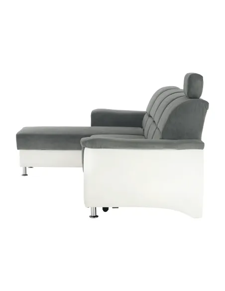 Colțar extensibil SANTIAGO, living, 260x86/106x168 cm, Piele ecologică alb/Textil gri, picioare metalice | MobilaOK