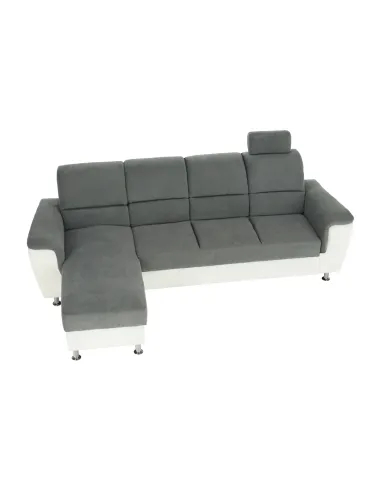 Colțar extensibil SANTIAGO, living, 260x86/106x168 cm, Piele ecologică alb/Textil gri, picioare metalice | MobilaOK