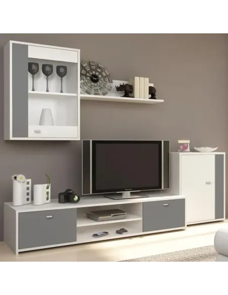 Mobilier living GENTA, alb/gri, 210x42x180 cm, PAL melaminat | MobilaOK