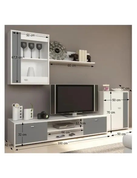 Mobilier living GENTA, alb/gri, 210x42x180 cm, PAL melaminat | MobilaOK