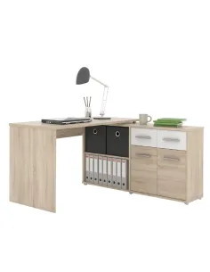 Masă PC RAFAEL NEW pentru birou, 138x139.3x76.6 cm, PAL melaminat stejar/alb | MobilaOK