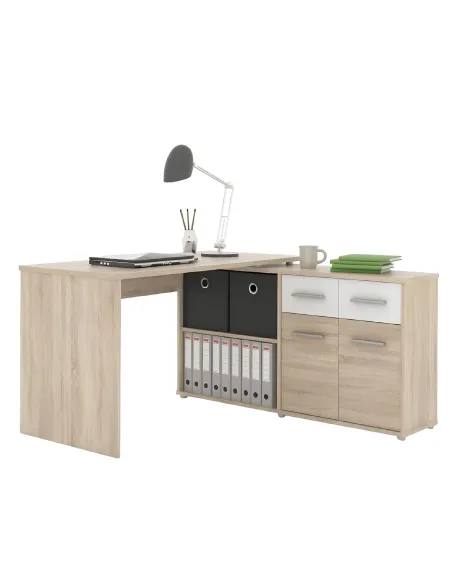 Masă PC RAFAEL NEW pentru birou, 138x139.3x76.6 cm, PAL melaminat stejar/alb | MobilaOK