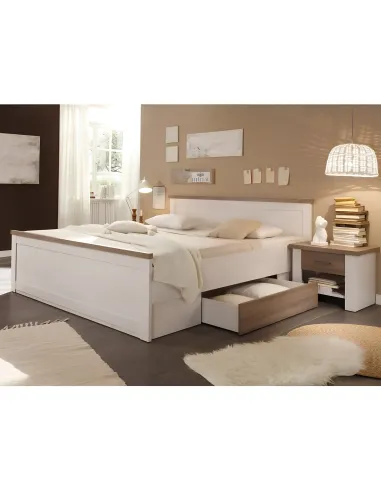 Pat + 2 Noptiere LUMERA pentru dormitor, 186x205x91 cm, PAL melaminat pin alb/stejar sonoma | MobilaOK