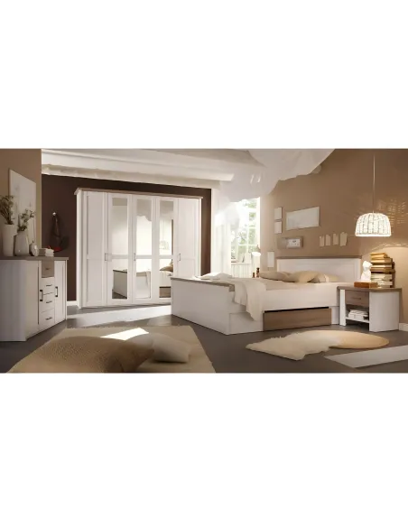 Pat + 2 Noptiere LUMERA pentru dormitor, 186x205x91 cm, PAL melaminat pin alb/stejar sonoma | MobilaOK