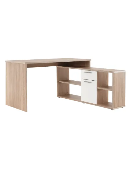 Masă PC de colț NOE, 135x135x74 cm, PAL melaminat stejar sonoma/alb | MobilaOK