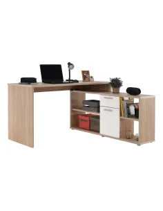 Masă PC de colț NOE, 135x135x74 cm, PAL melaminat stejar sonoma/alb | MobilaOK 2
