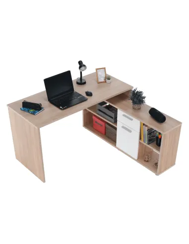 Masă PC de colț NOE, 135x135x74 cm, PAL melaminat stejar sonoma/alb | MobilaOK