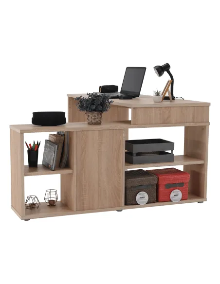 Masă PC de colț NOE, 135x135x74 cm, PAL melaminat stejar sonoma/alb | MobilaOK