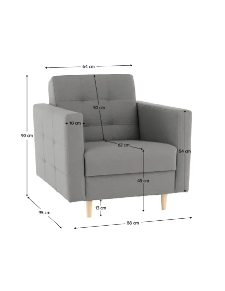 Fotoliu AMEDIA, living/dormitor/birou, 88x90x95 cm, Textil gri și lemn | MobilaOK