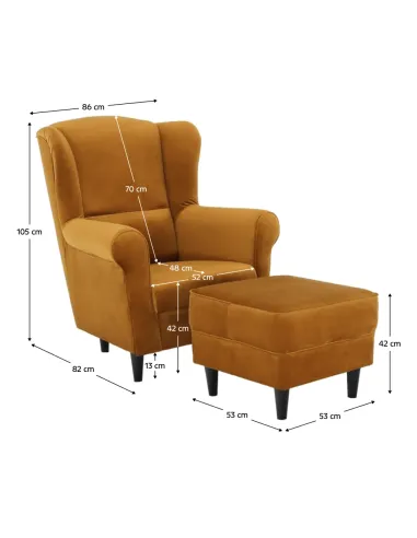 Fotoliu ASTRID cu Taburet, living, 86x105x82 cm, material textil muștar și lemn | MobilaOK