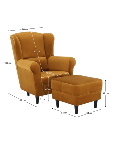Fotoliu ASTRID cu Taburet, living, 86x105x82 cm, material textil muștar și lemn | MobilaOK