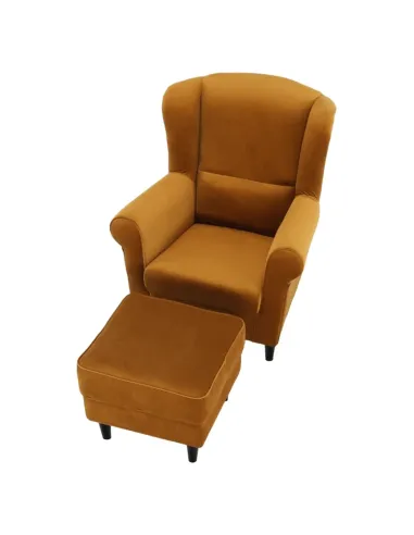 Fotoliu ASTRID cu Taburet, living, 86x105x82 cm, material textil muștar și lemn | MobilaOK