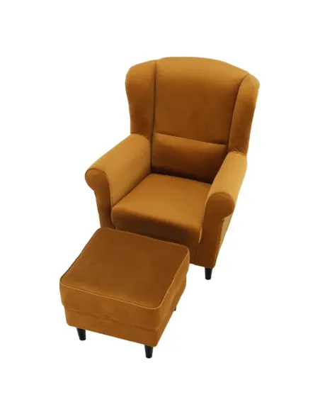 Fotoliu ASTRID cu Taburet, living, 86x105x82 cm, material textil muștar și lemn | MobilaOK